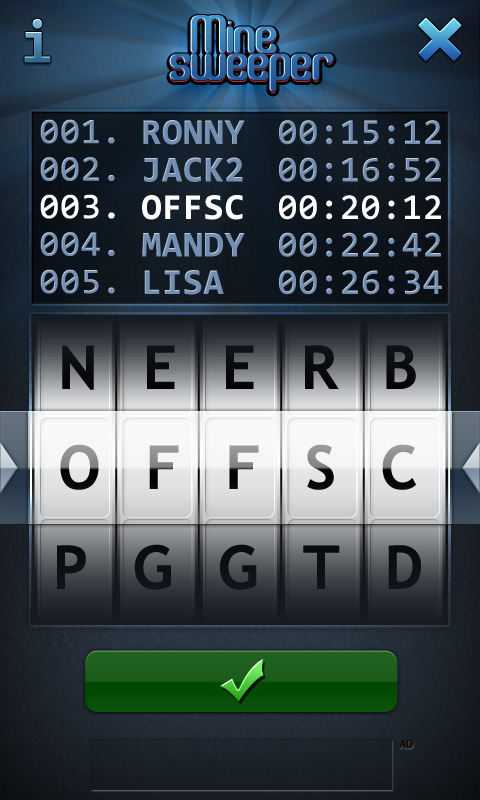 Minesweeper high-score screen